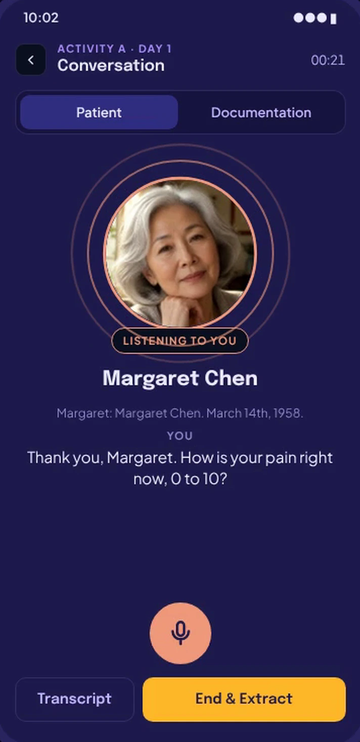 Student app during a live voice encounter with the simulated patient Margaret Chen